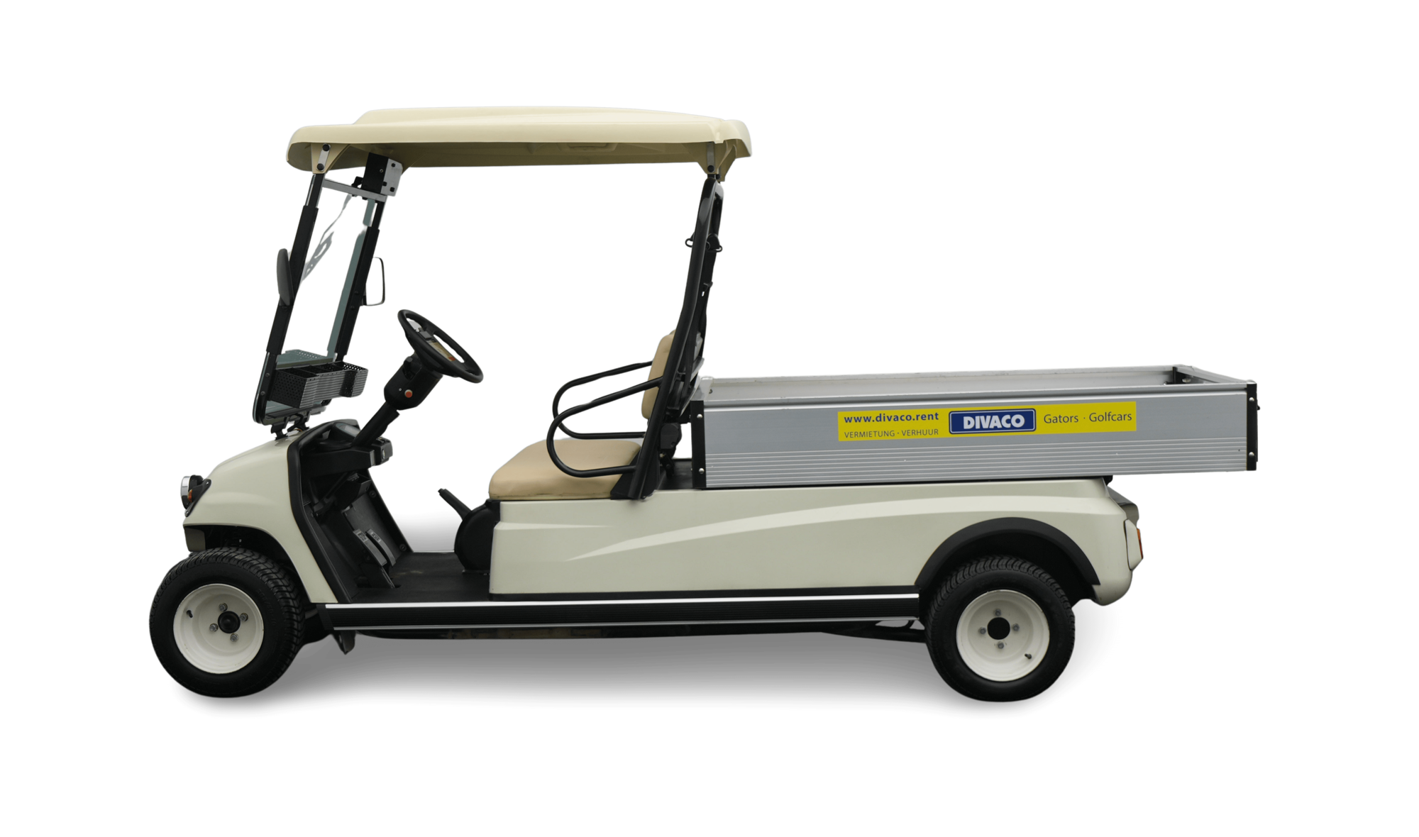 DIVACO Electric Golf Cart 2-Seater Road-Legal Cargo Bed Side View