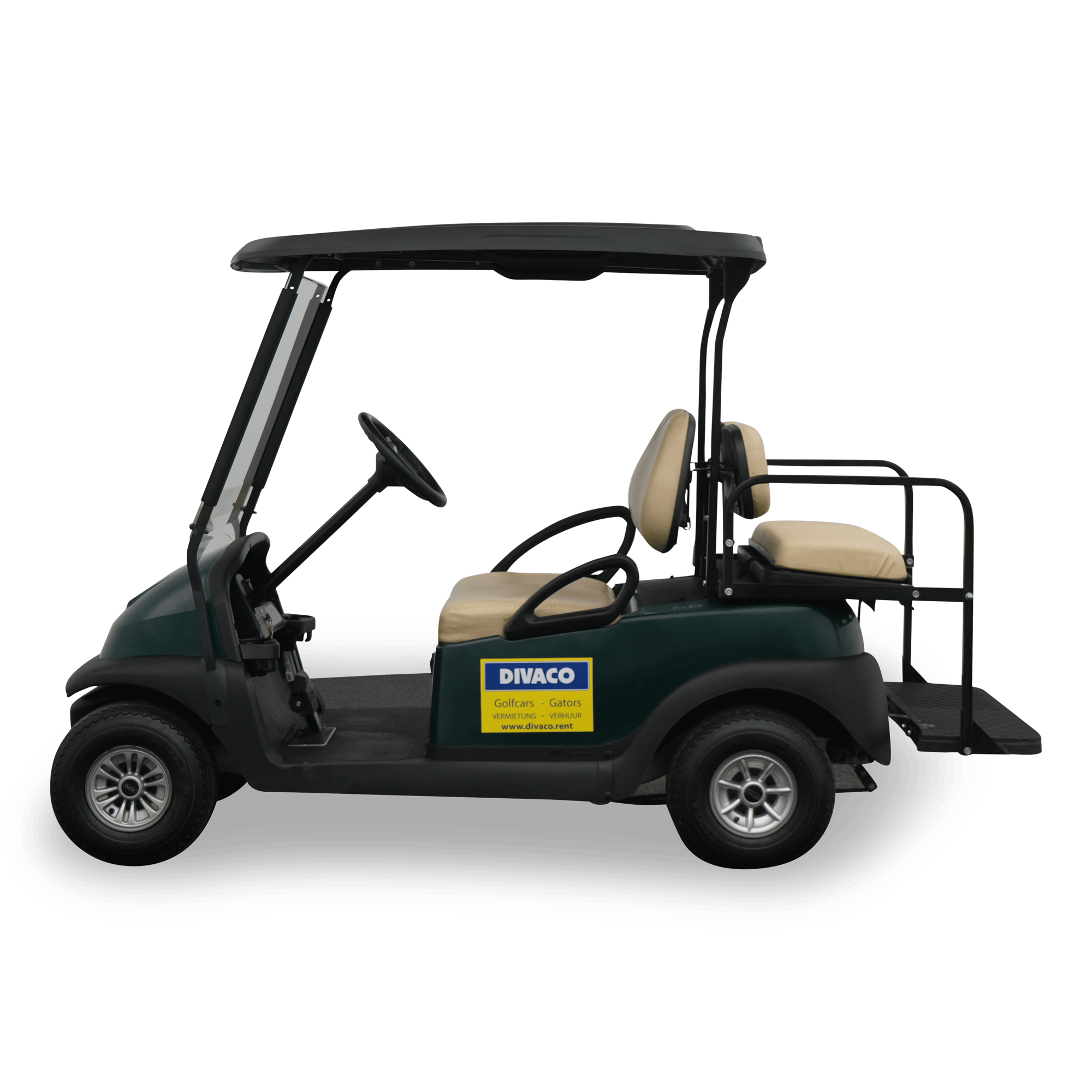 DIVACO.RENT Golfcart 4-Sitzer elektrisch Klappsitz Seitenansicht