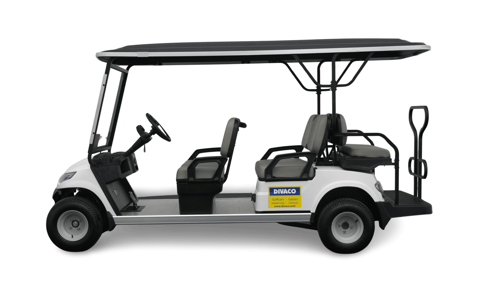 DIVACO Golfkar 6-zitter Golfcart Divaco.rent Golfkar 6-zitter elektro zijkant6-Sitzer Total.png