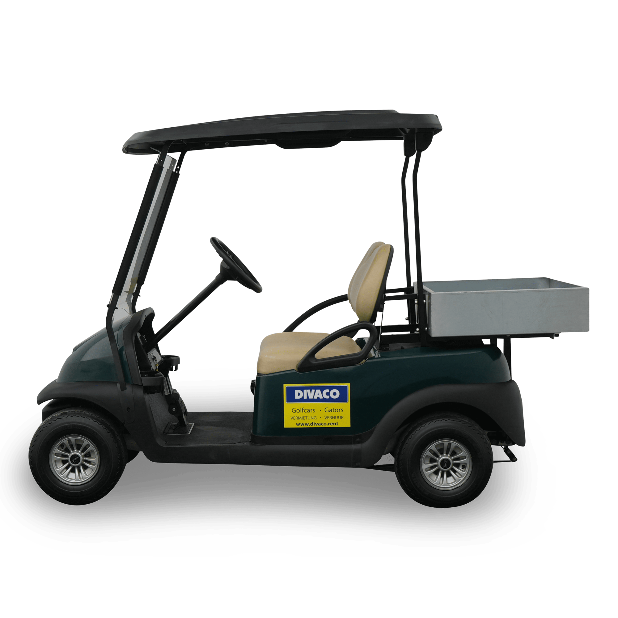 DIVACO GoDivaco.rent 2-Sitzer Golfcart mit ECO Ladefläche Elektro Seitenansichtlfkar 2-zit ECO 2-Sitzer ECO 2-Seater ECO Cargobox.png