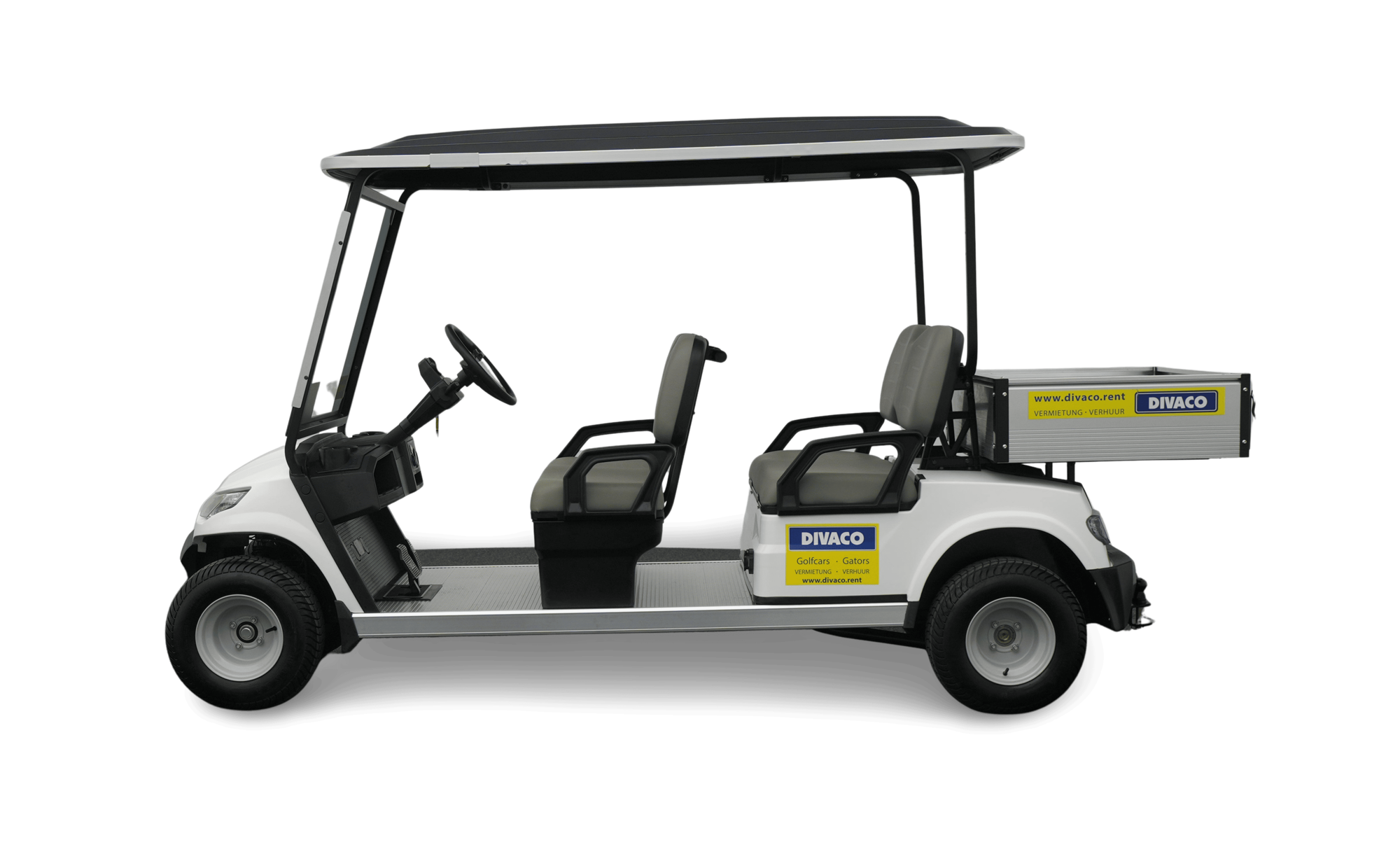 Divaco.rent Electric Golf Cart 4-Seater with Cargo Bed Side View