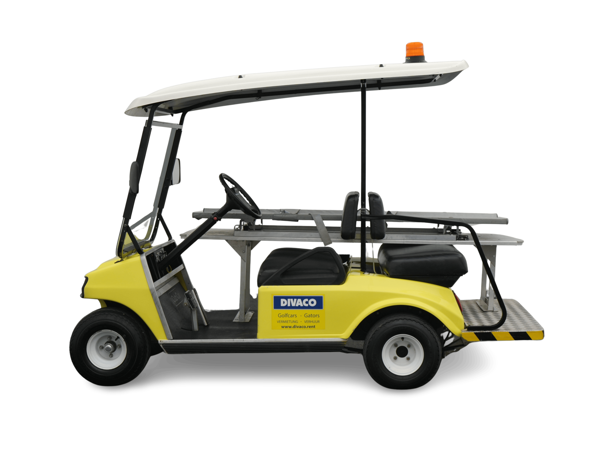 Divaco.rent First Aid Golf Buggy 2-Seater Electric Gator Off-Road Side View